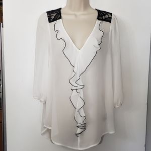 IZ Byer White & Black Trimmed Sheer and Lace 3/4 Sleeve Blouse Size XL